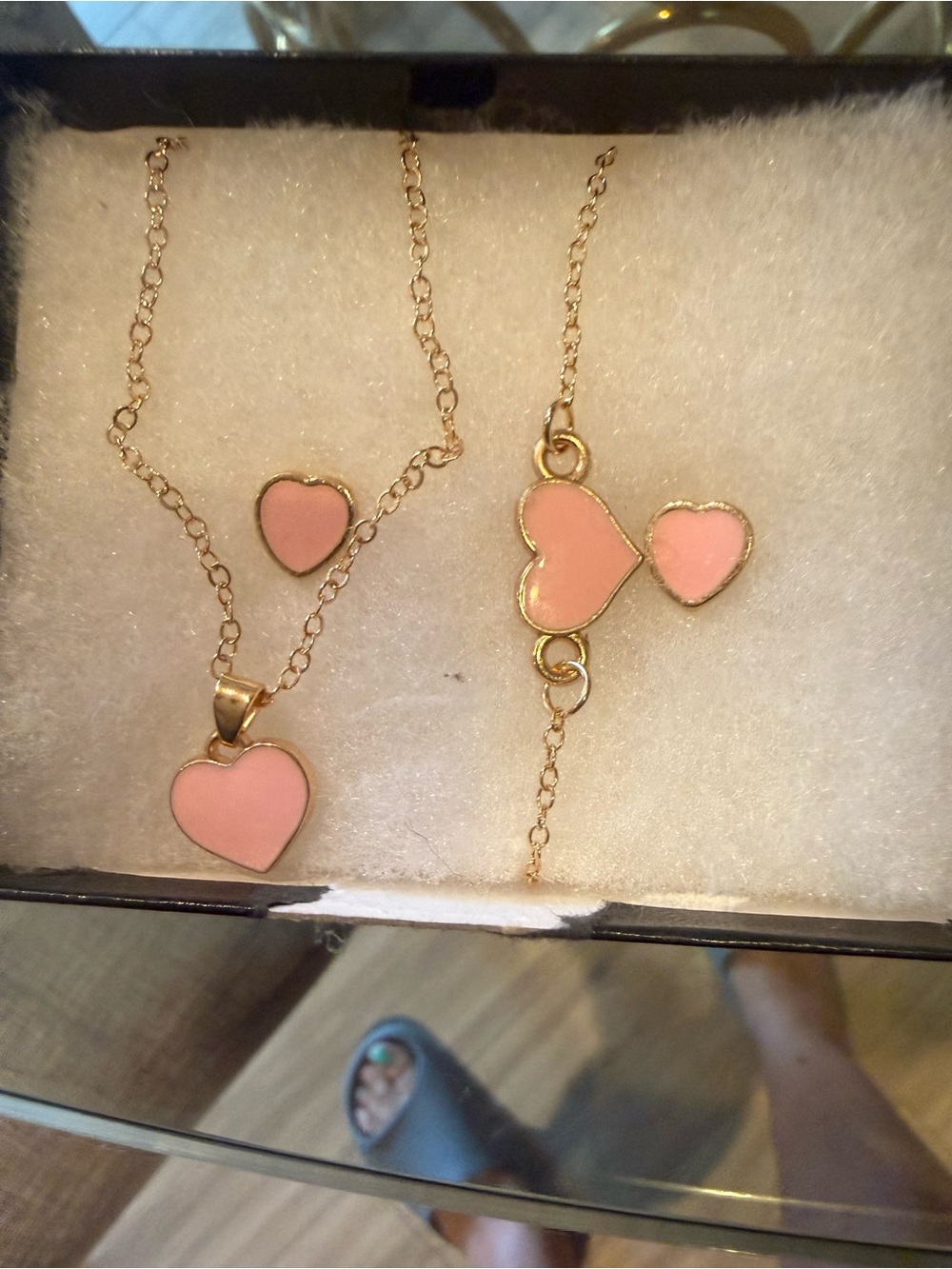 Delicate Pink Heart Pendant Necklace Set - Gold Tone